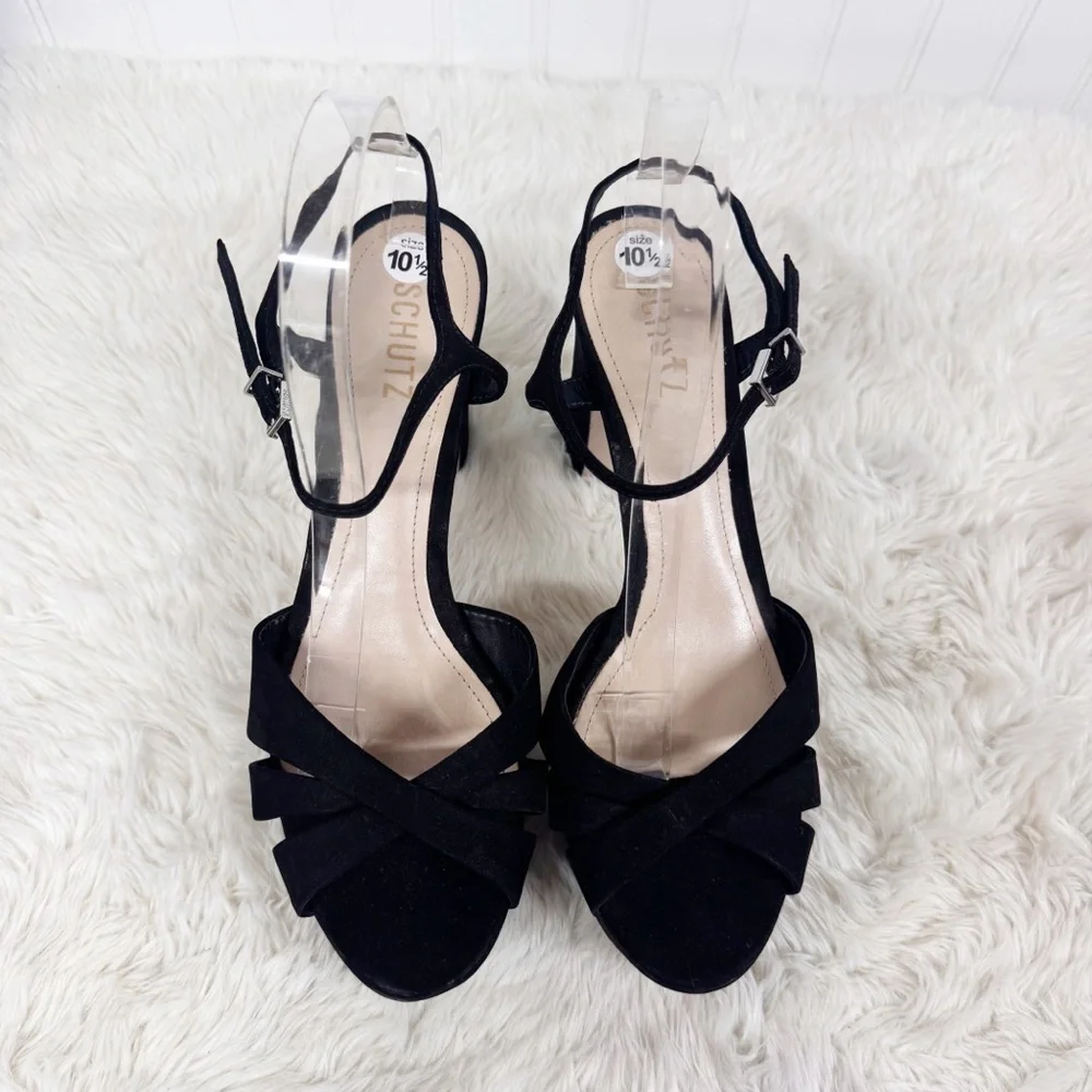SCHUTZ Keefa Black Suede‎ Platform Sandal Size 10.5 Block Heel Sexy Party Goth